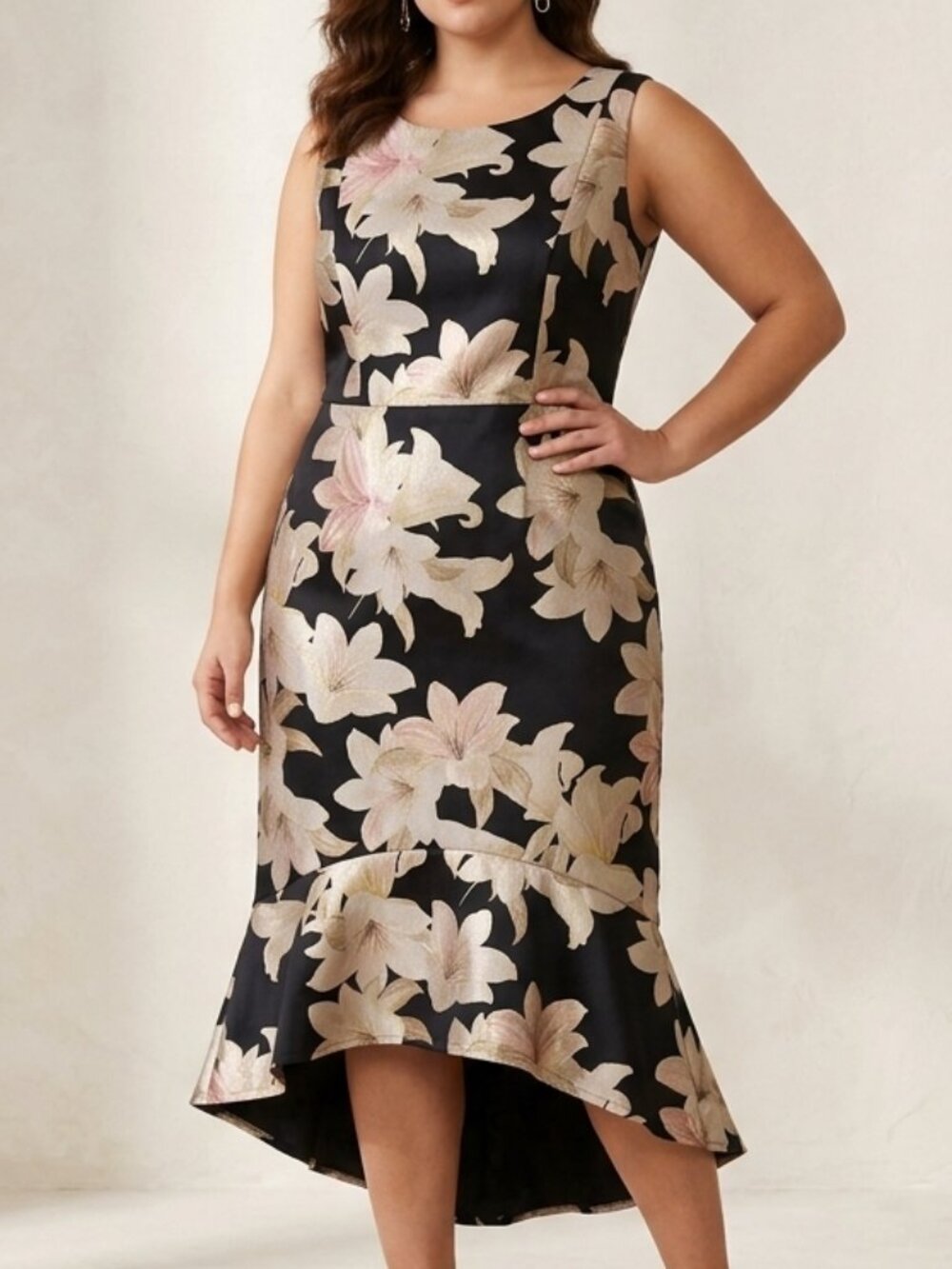 En Focus Studio Metallic Floral High-Low Midi Dress Champagne Gold Size 14W